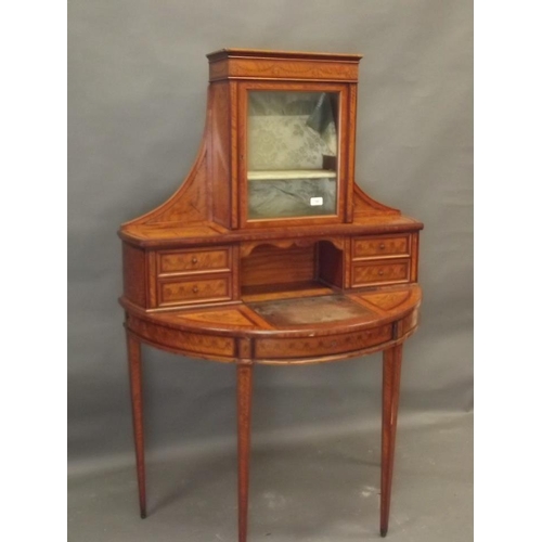 749 - A C19th satinwood demi-lune Bonheur du jour with Adam style inlaid and penwork decoration, the upper... 