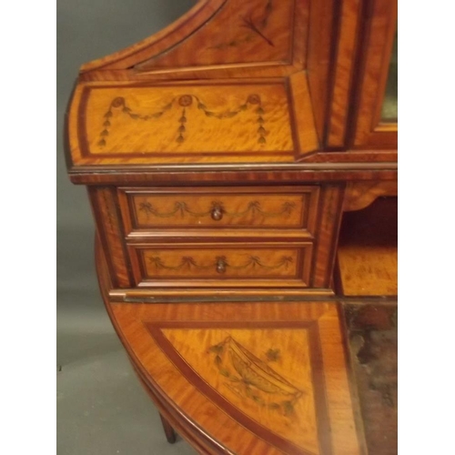 749 - A C19th satinwood demi-lune Bonheur du jour with Adam style inlaid and penwork decoration, the upper... 