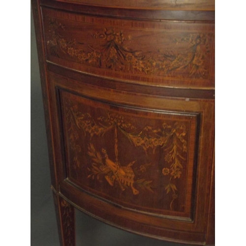 776 - A C19th figured mahogany demi-lune side cabinet with Adam style penwork inlaid decoration of swags, ... 