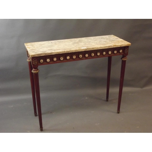 780 - A French style mahogany and brass mounted console table with marble top and frieze comprising porcel... 