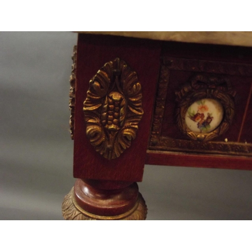 780 - A French style mahogany and brass mounted console table with marble top and frieze comprising porcel... 