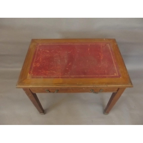 790 - An Edwardian mahogany single drawer writing table with leather inset top, raised on square tapering ... 