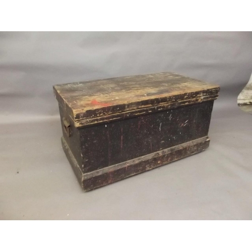 808 - A C19th pine tool chest with filled compartments containing old saws, planes, tools etc, 37