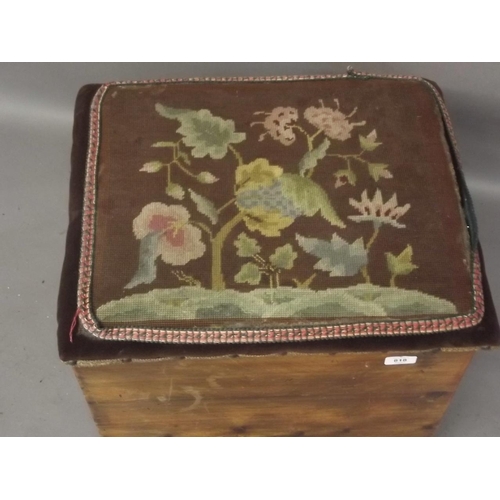 818 - A small pine box with lift-up lid and tapestry cover, 21