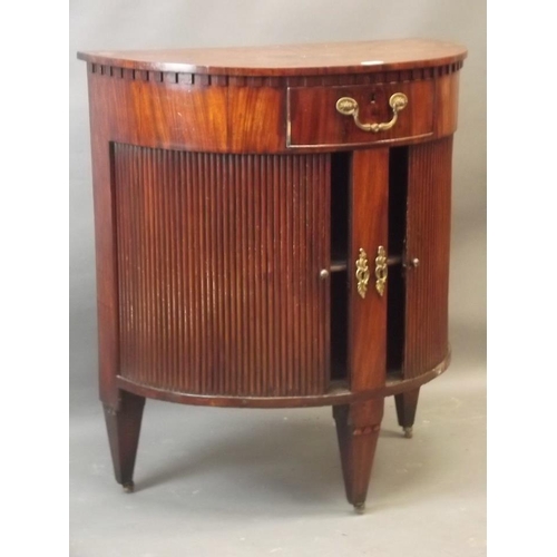 829 - A Dutch tambour fronted demi-lune cabinet with single drawer, on square tapered supports, 33