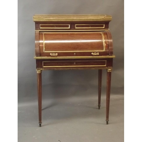 848 - A C19th French mahogany and ormolu mounted cylinder bureau with rouge marble top and pierced brass g... 