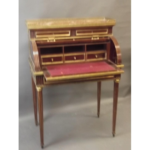 848 - A C19th French mahogany and ormolu mounted cylinder bureau with rouge marble top and pierced brass g... 