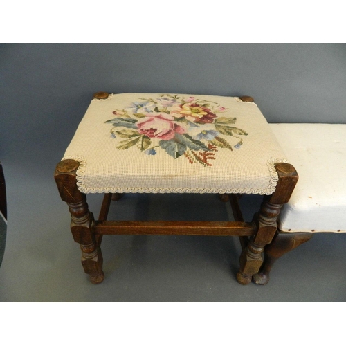 849 - A small oak footstool on turned and square supports and stretchers with woolwork upholstery, togethe... 