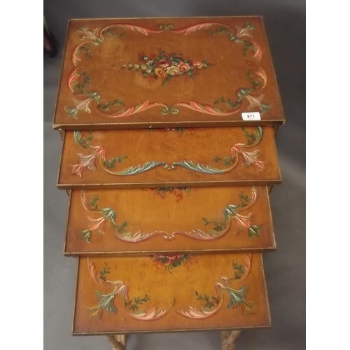 871 - A nest of four occasional tables with bird's eye maple tops and painted decoration, 19