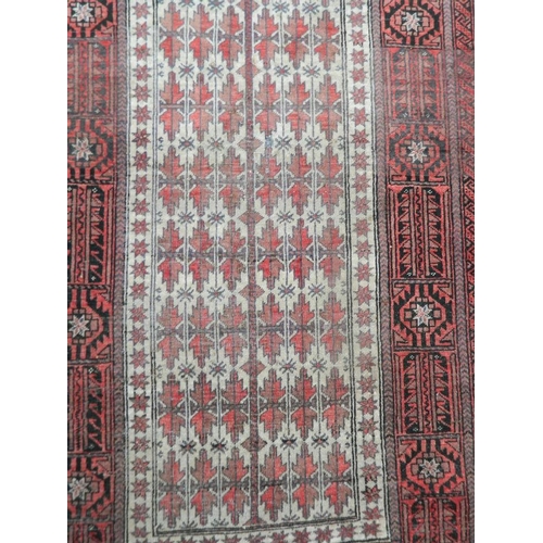 877 - An antique Afghan Belouche tribal rug with a red and ebony border, 36½