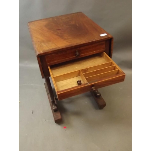 880 - A C19th figured mahogany drop leaf work table with two drawers and sliding basket, the top drawer wi... 