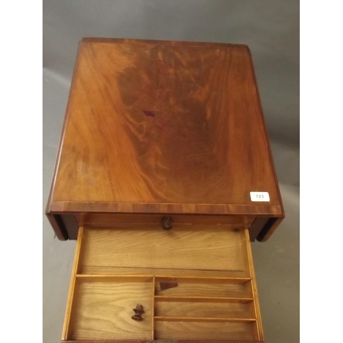 880 - A C19th figured mahogany drop leaf work table with two drawers and sliding basket, the top drawer wi... 