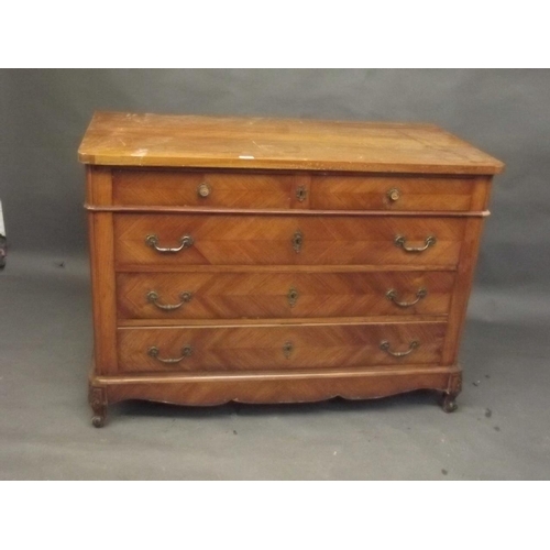 885 - A C19th French commode of two over three drawers with decorative quartered veneer fronts, raised on ... 