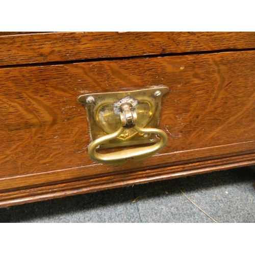 905 - An Arts & Crafts inlaid oak dresser, the dome topped upper section and shelf supported by columns ov... 