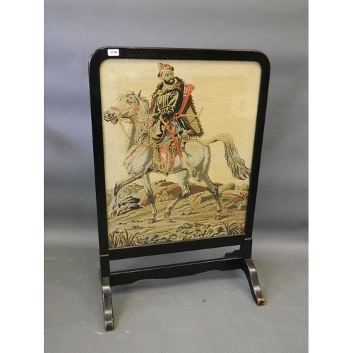 150L - A C19th tapestry depicting an Oriental bowman on horseback, mounted in an ebonised fire screen, 43