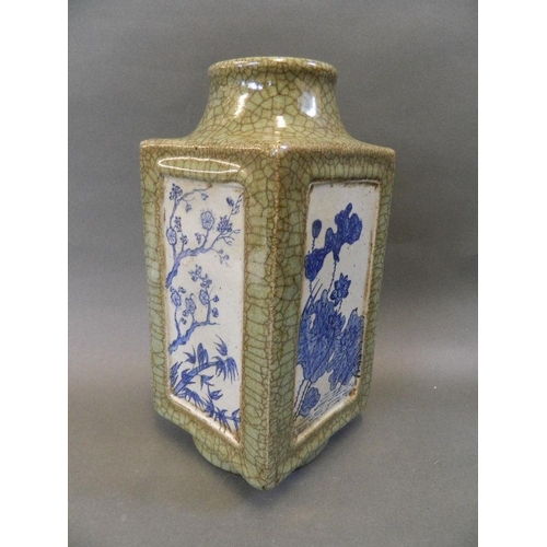 113 - A Chinese porcelain square section vase with green crackle glaze and panes of blue and white floweri... 