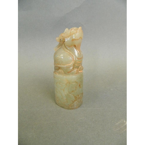 133 - A Chinese celadon jade seal with a carved knop in the form of Longgui, 3