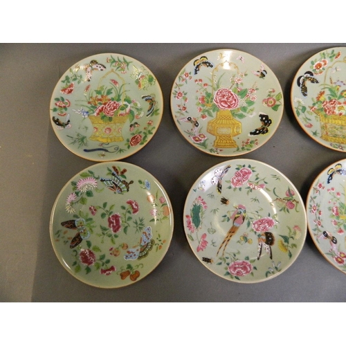 150E - Eight Chinese celadon porcelain plates with painted enamel decoration of vases of flowers and insect... 