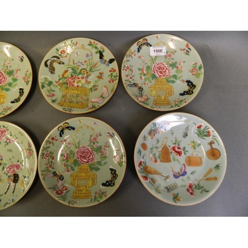 150E - Eight Chinese celadon porcelain plates with painted enamel decoration of vases of flowers and insect... 