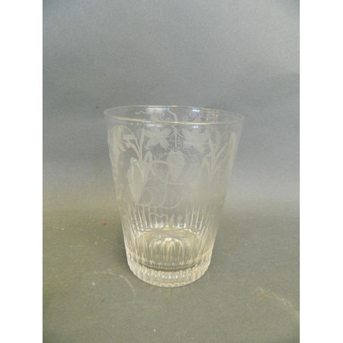 150S - An early C19th engraved glass tumbler with fluted cuts to base and floral decoration, monogram 'EFJ'... 