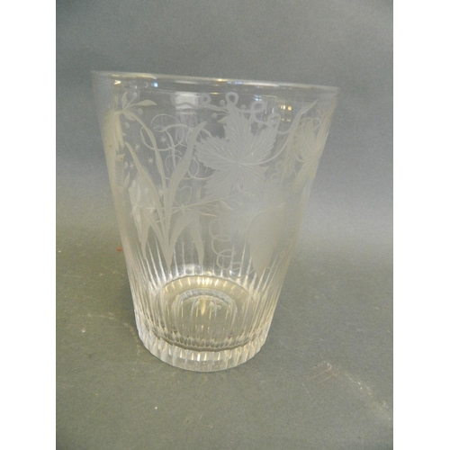 150S - An early C19th engraved glass tumbler with fluted cuts to base and floral decoration, monogram 'EFJ'... 