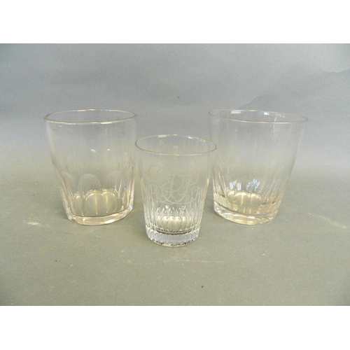 150U - A C19th engraved and cut glass tumbler with masonic decoration, together with two larger C19th glass... 