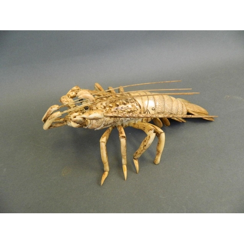 152 - A Chinese reticulated bone model of a crayfish, engraved 2 character mark to base, 9½