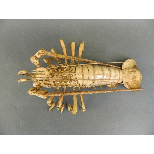 152 - A Chinese reticulated bone model of a crayfish, engraved 2 character mark to base, 9½