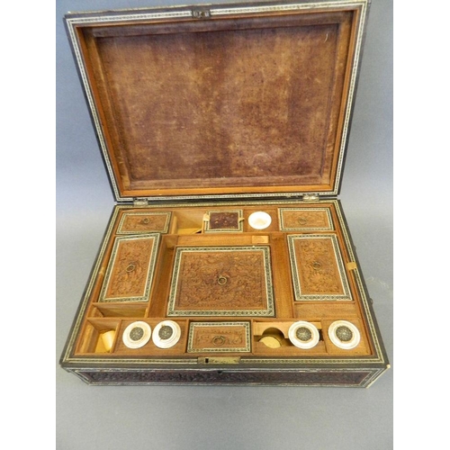 166 - An Indian bone inlaid carved sandlewood sewing box with fitted interior and brass handles, with ivor... 