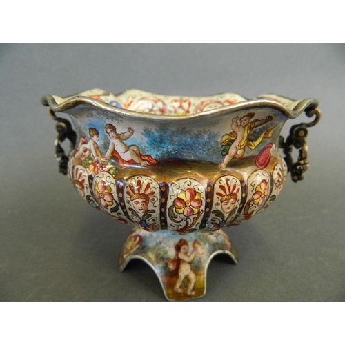 182 - A C19th Vienna enamelled miniature pedestal urn of ribbed oval design delicately painted with cherub... 