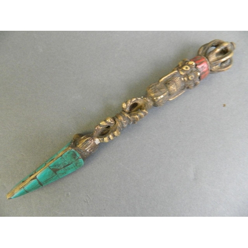 217 - A small Tibetan phurba set with turquoise and red stones, 6