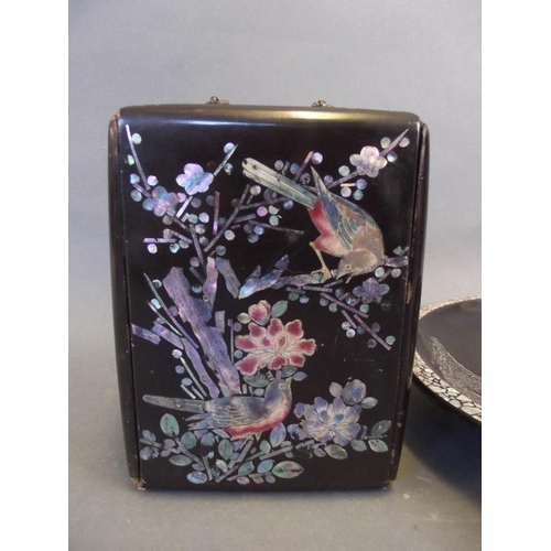 483 - A Chinese black lacquer box with inlaid decoration of birds amongst blossom in coloured shells, the ... 