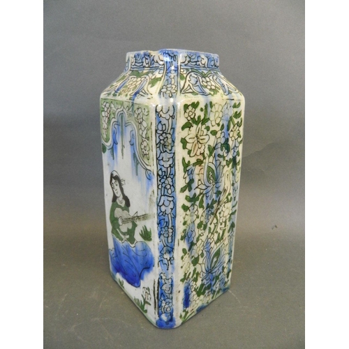 486 - A Persian square section porcelain vase decorated with a woman watering plants and another playing a... 