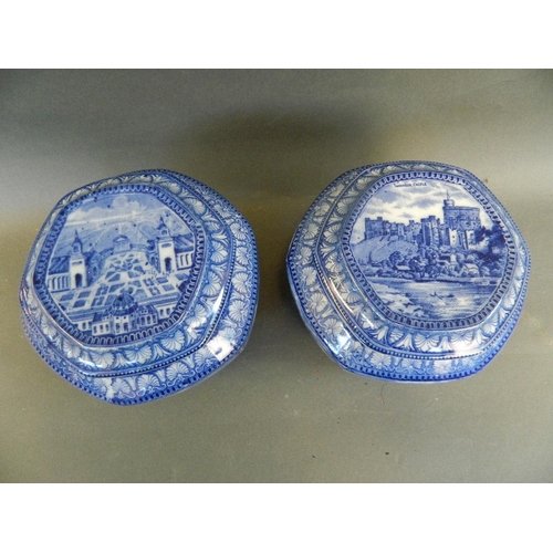 50S - A pair of Staffordshire hexagonal blue and white pottery tea caddies, one decorated with famous cast... 