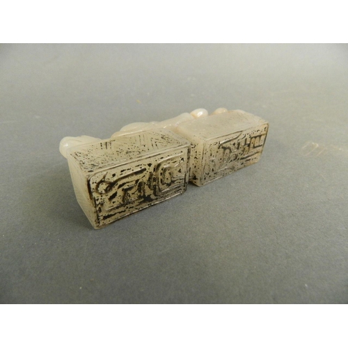 81 - A Chinese grey jade twin section seal with carved dragon decoration, 3