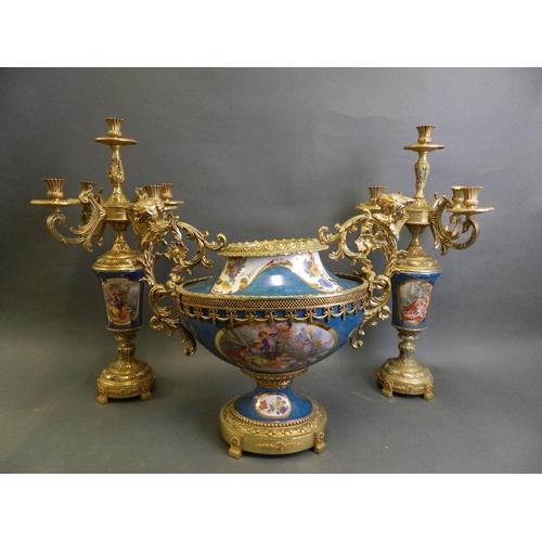 87 - A Sevres style garniture with ormolu mounts consisting of an urn and four branch candlesticks with c... 