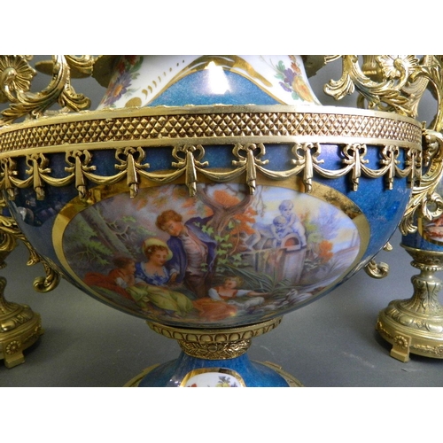 87 - A Sevres style garniture with ormolu mounts consisting of an urn and four branch candlesticks with c... 