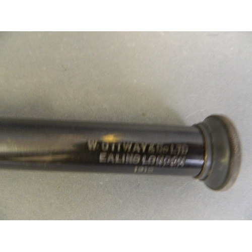 19 - A three-draw brass telescope, marked 'W. Ottway & Co. Ltd., Ealing', 15