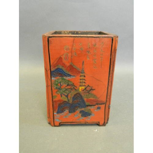 3 - A Chinese red lacquered wood brush pot with incised and hand painted landscape and floral decoration... 