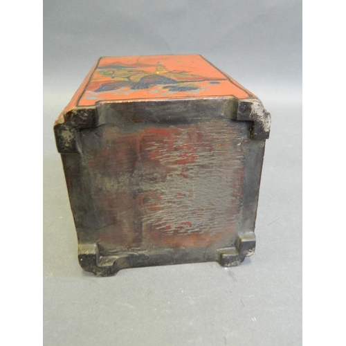 3 - A Chinese red lacquered wood brush pot with incised and hand painted landscape and floral decoration... 