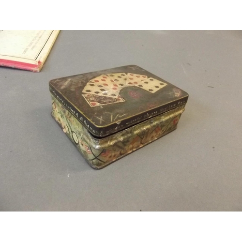 35 - A hand painted tin box, a mahogany box containing dominoes and cigarette cards, an Art Deco chrome p... 