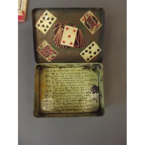 35 - A hand painted tin box, a mahogany box containing dominoes and cigarette cards, an Art Deco chrome p... 