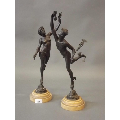 44 - A pair of bronze figures, Mercury and Fortune, after the antique, mounted on sienna marble bases, la... 