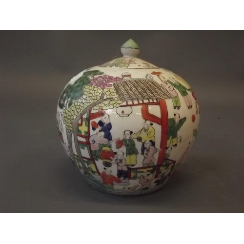 50 - A Chinese porcelain jar and cover decorated in enamels with musicians and boys performing the dragon... 