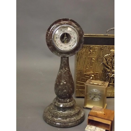 50G - A serpentine table barometer, a brass magazine rack, scales, card case etc