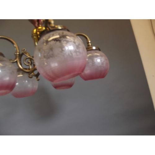 777 - A Christopher Wray five branch chandelier with etched glass shades, 24