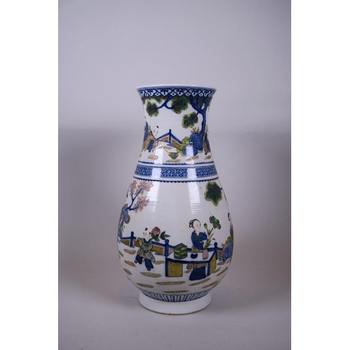 35 - A Chinese blue and white porcelain vase with famille verte enamel decoration of women and children, ... 