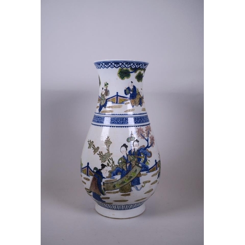 35 - A Chinese blue and white porcelain vase with famille verte enamel decoration of women and children, ... 