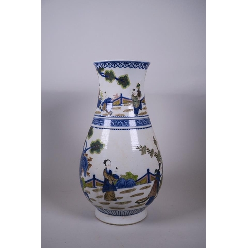 35 - A Chinese blue and white porcelain vase with famille verte enamel decoration of women and children, ... 