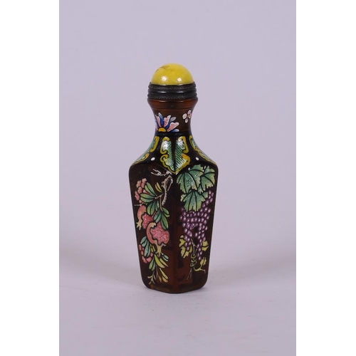 37 - A Peking glass snuff bottle with polychrome enamel decoration of fruiting trees, 4 character mark to... 